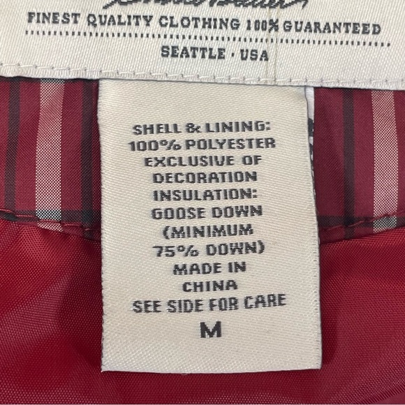 EDDIE BAUER Womens medium Premium Goose Down Puffer Vest Red Plaid burgundy - Picture 9 of 13